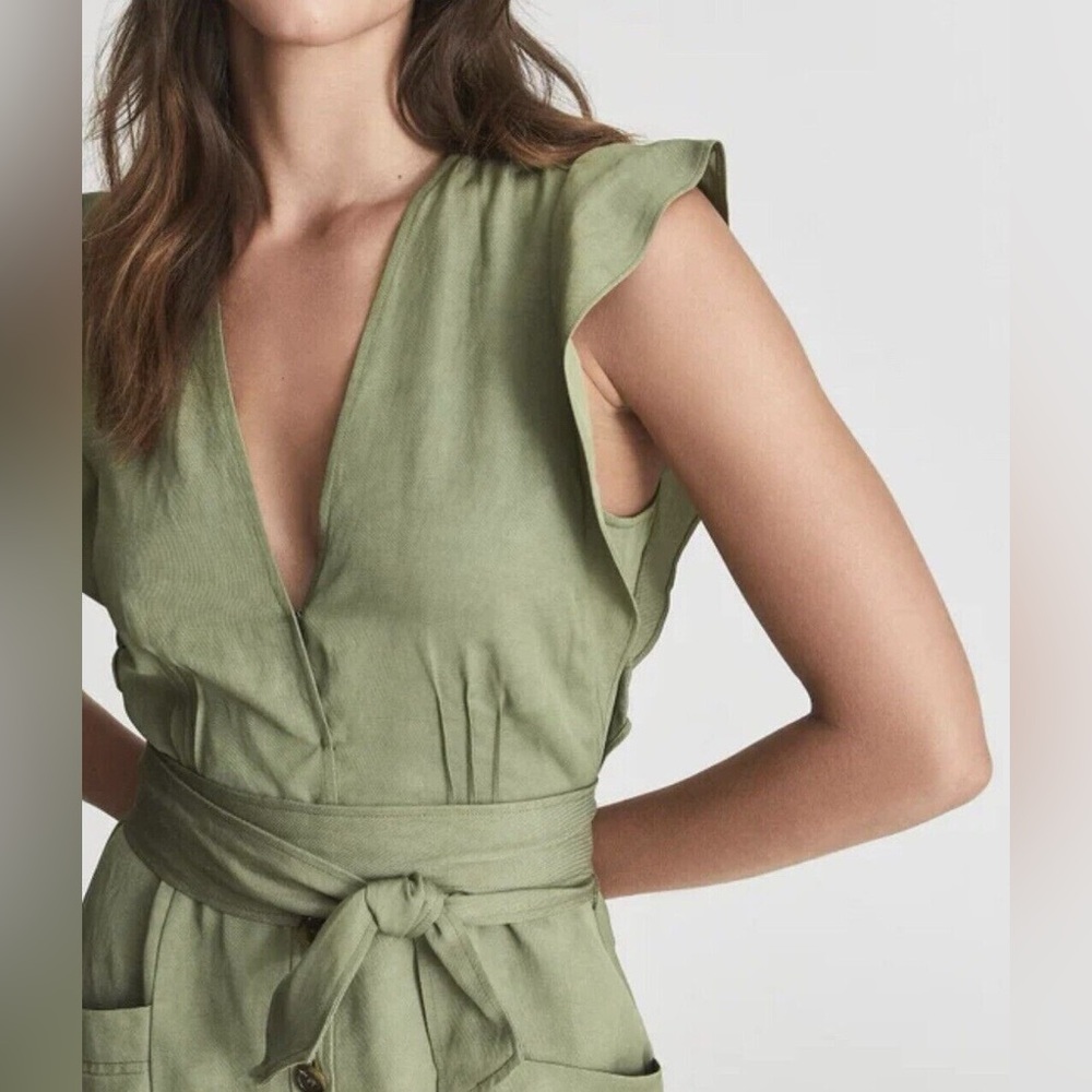 Reiss Emma Plunge Linen Blend Olive Green Button Up Midi Dress size 10 - Picture 3 of 14